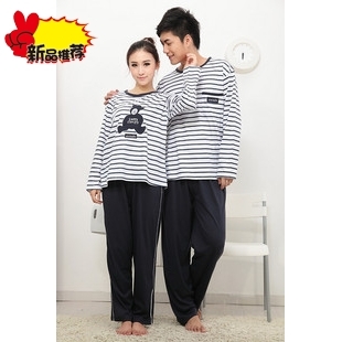 Spring and autumn cartoon sleepwear WINNIE stripe 100% cotton long-sleeve set lovers sleepwear lounge