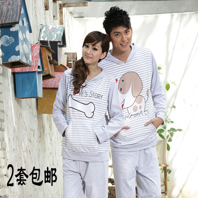 Spring and autumn cartoon stripe bones with a hood lovers long-sleeve 100% cotton sleep set lounge