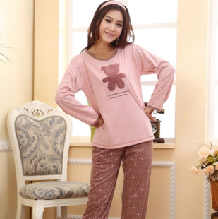 Spring and autumn casual cartoon applique cotton lounge set knitted cotton sleepwear female 100% cotton long-sleeve at home