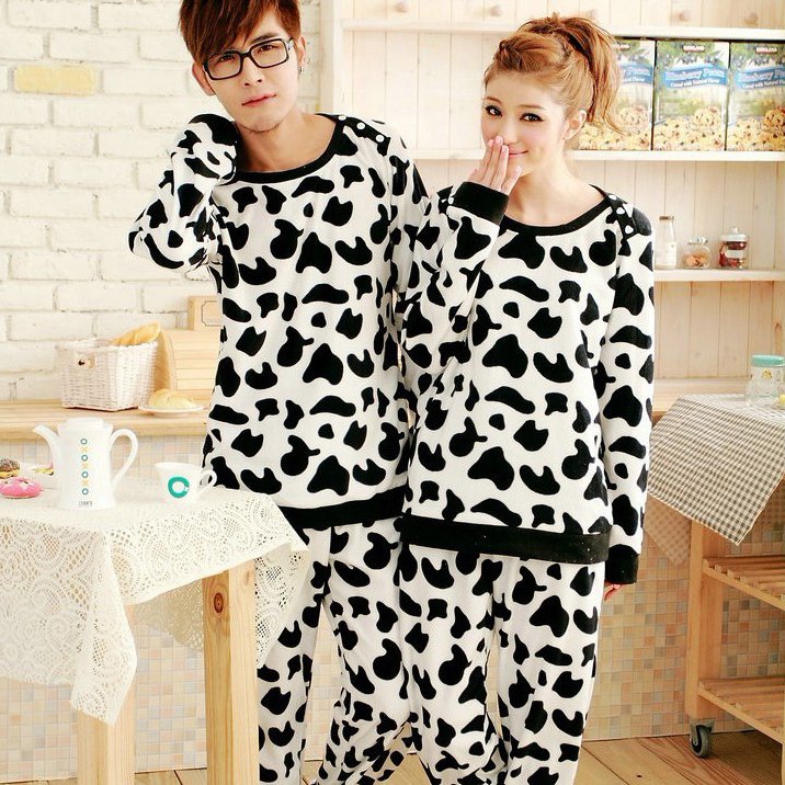 Spring and autumn cows design long-sleeve japanese style lounge sleep set for lovers,cheap price