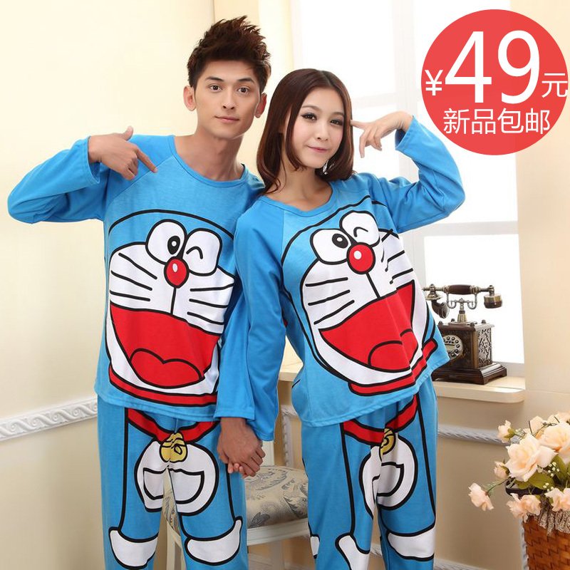 Spring and autumn DORAEMON lovers cartoon one piece sleepwear male 100% cotton long-sleeve lounge set female