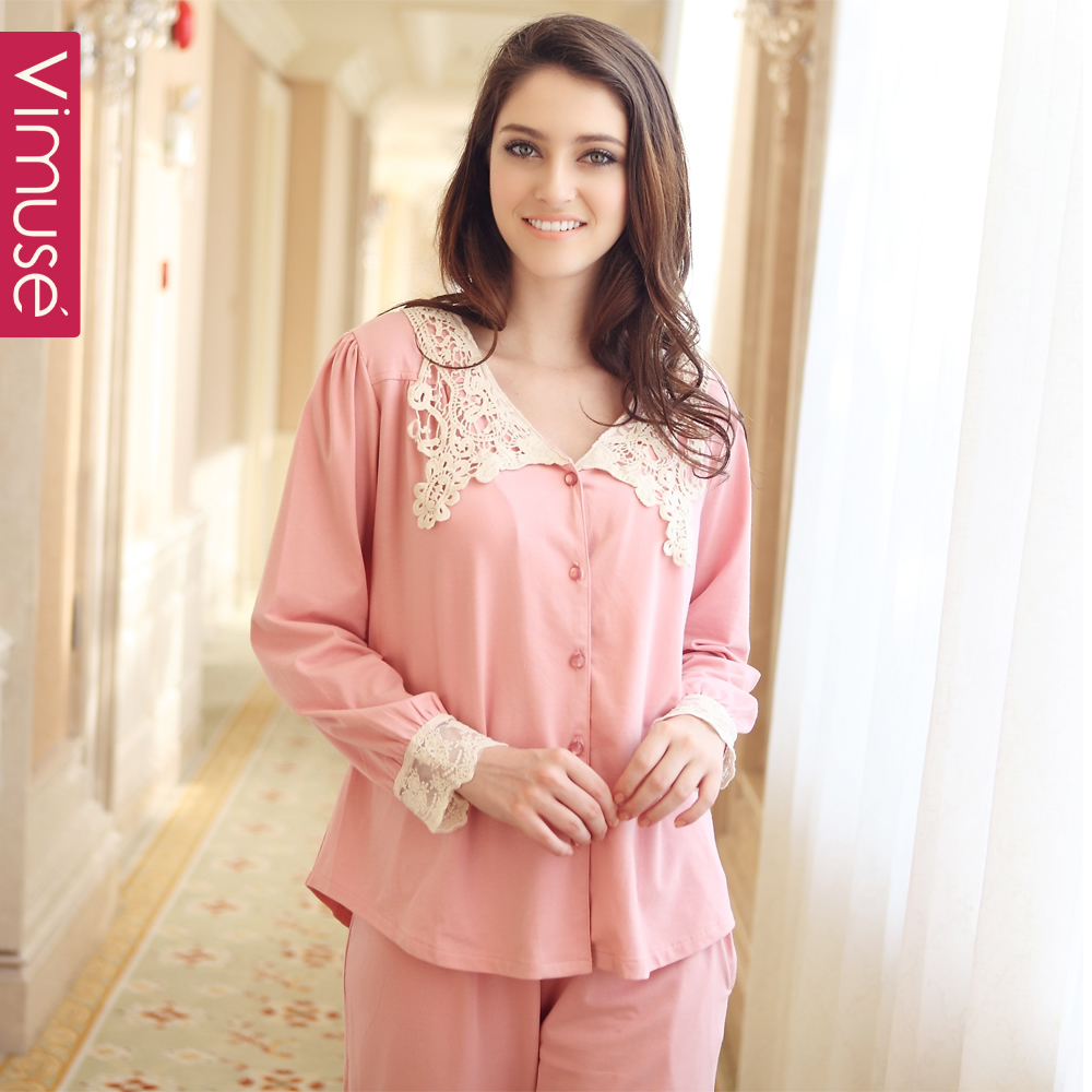 Spring and autumn fashion women's sleepwear women's 100% cotton long-sleeve set Women at home service