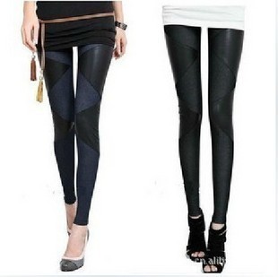 Spring and autumn faux denim patchwork faux leather pants female trousers plus size long design legging