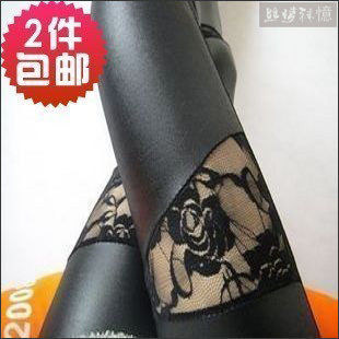 Spring and autumn female matt faux leather patchwork lace ankle length legging plus size trousers