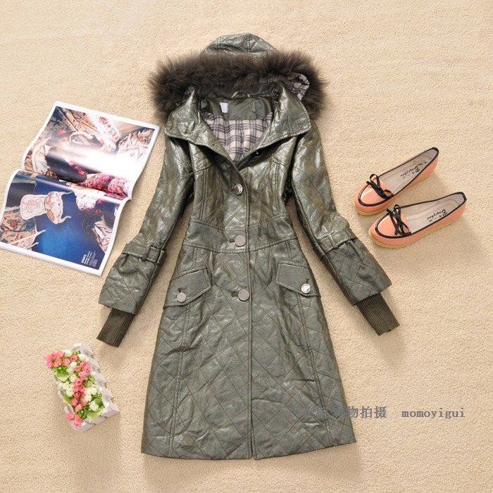 Spring and autumn female slim medium-long fur collar with a hood outerwear leather clothing (WC026)