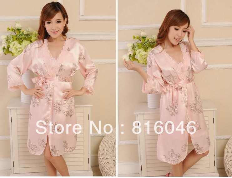 Spring and autumn female summer twinset faux silk sleepwear lace nightgown lounge plus size robe bathrobes women's sexy pajamas