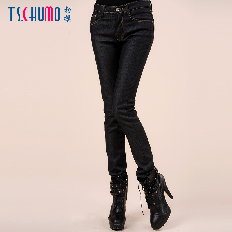 Spring and autumn fleece thickening straight jeans female trousers black