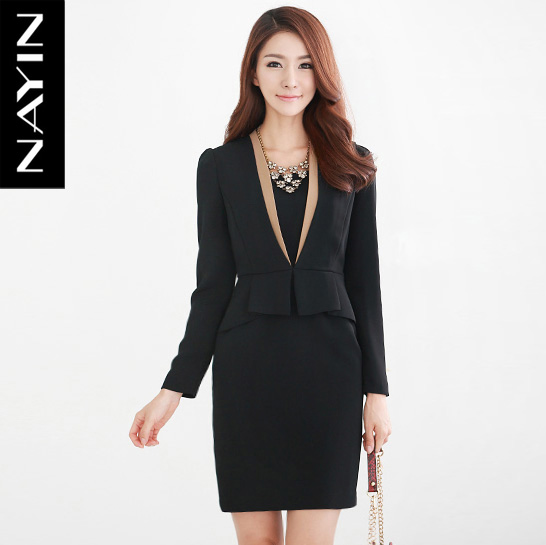 Spring and autumn high quality women's work wear skirt piece set formal long-sleeve dress plus size