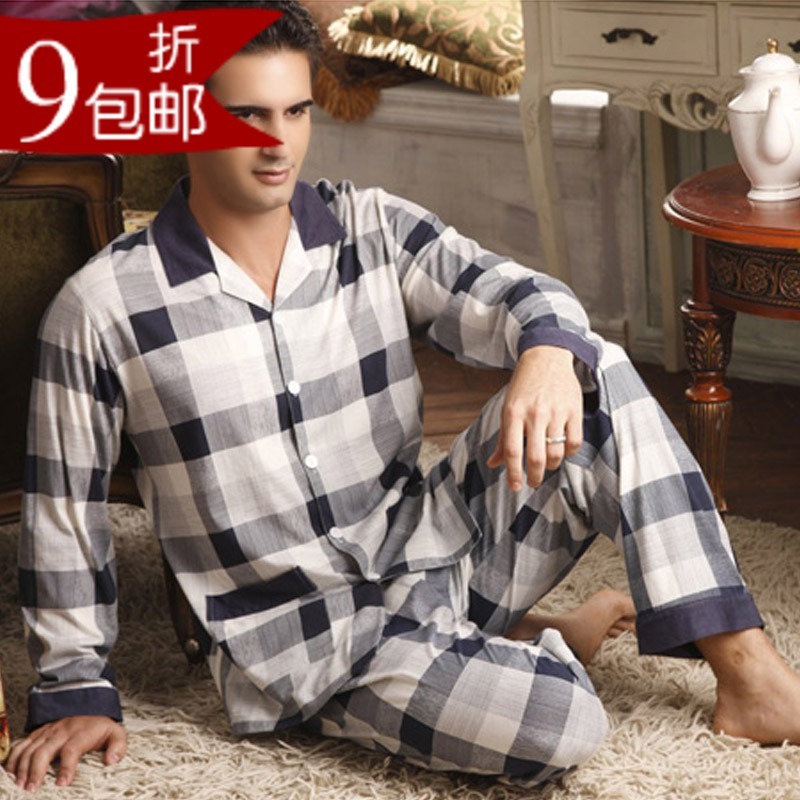 Spring and autumn knitted 100% cotton long-sleeve classic plaid male sleepwear male lounge set z97