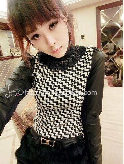 Spring and autumn long-sleeve dress 2013 patchwork faux leather elegant sweet lace stand collar slim long design t