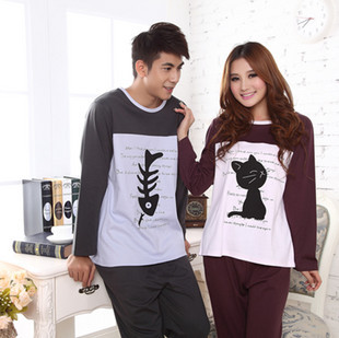 Spring and autumn long-sleeve lovers 100% cotton sleepwear cartoon cat fish sleep set lounge