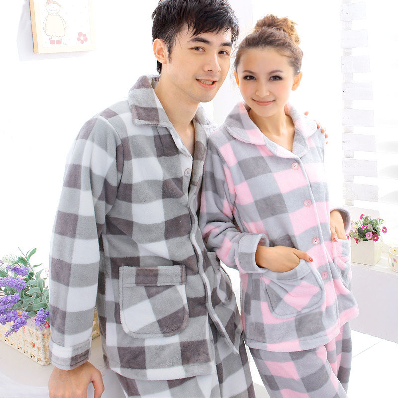 Spring and autumn long-sleeve lovers sleepwear plaid lovers coral fleece sleepwear lovers lounge male