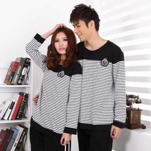 Spring and autumn lovers 100% cotton long-sleeve sleepwear classic black and white stripe casual set lounge