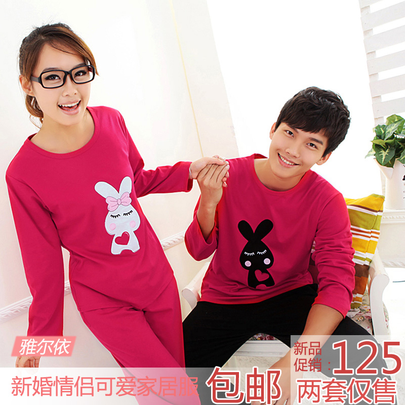 Spring and autumn lovers cartoon rabbit sleepwear knitted 100% cotton female lounge long-sleeve male set