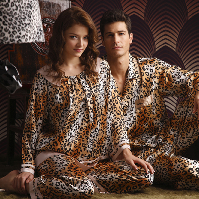 Spring and autumn lovers silk sleep set leopard print long-sleeve silk lounge