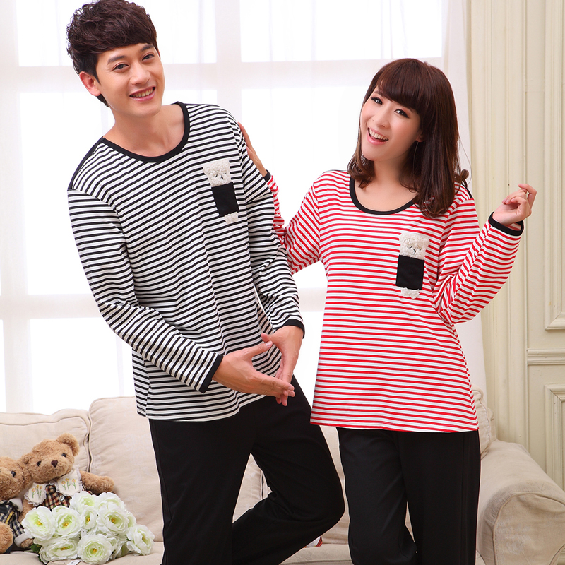 Spring and autumn lovers sleepwear autumn cotton long-sleeve stripe cartoon embroidered set home