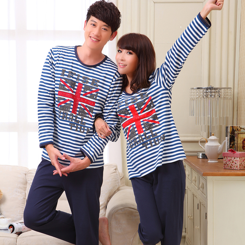 Spring and autumn lovers sleepwear autumn stripe torx print cotton long-sleeve lounge set