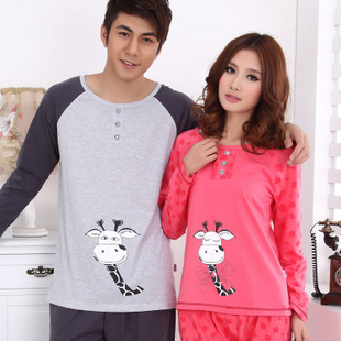 Spring and autumn lovers sleepwear knitted cotton cartoon lovers long-sleeve set sleepwear male Women