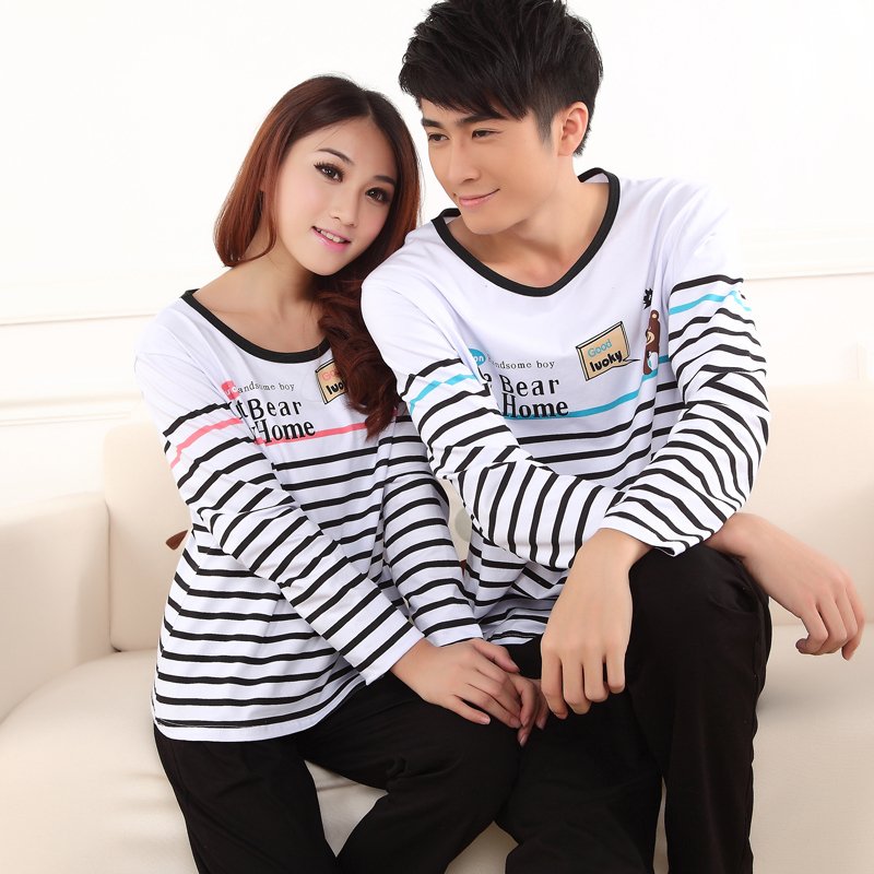 Spring and autumn lovers sleepwear male Women pure cotton long-sleeve stripe cartoon stripe lounge set