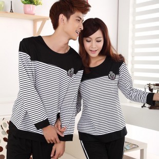 Spring and autumn lovers sleepwear male women's 100% cotton long-sleeve stripe female lounge set