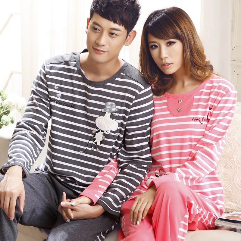 Spring and autumn lovers sleepwear male women's cotton long-sleeve sleepwear sets cartoon lounge female sleepwear