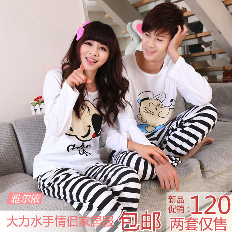 Spring and autumn lovers sleepwear POPEYE women's knitted cotton cartoon lounge male long-sleeve set