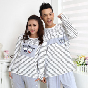 Spring and autumn lovers sleepwear stripe bear 100% cotton long-sleeve set lounge sleepwear