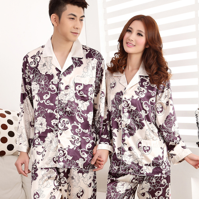 Spring and autumn lovers sleepwear women's silk nightclothes ,men'sPajama  leisure wear faux silk nightgown set,JN02