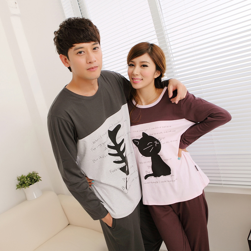 Spring and autumn lovers thermal sleepwear mm cartoon long-sleeve cat fish plus size sleepwear lounge set