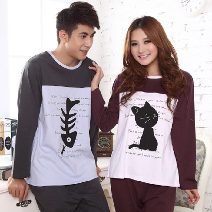 Spring and autumn lovers women's 100% cotton long-sleeve sleepwear plus size male at home service set