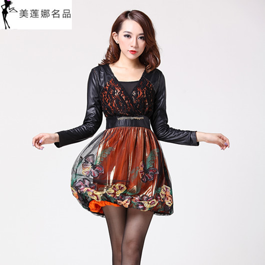 Spring and autumn luxury elegant tantalising gauze embroidered yarn mill leather one-piece dress moonstone