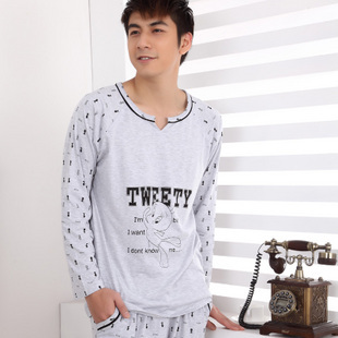 Spring and autumn male long sleeve length pants 100% cotton sleep set male cartoon lounge sleepwear