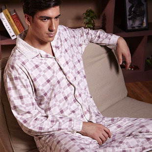 Spring and autumn male plaid sleepwear knitted cotton long-sleeve 100% cotton male lounge set 9185