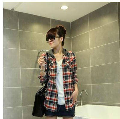 Spring and autumn maternity clothing maternity top t-shirt plus size casual plaid shirt with a hood outerwear shirt