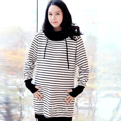 Spring and autumn maternity t-shirt stripe plus size loose with a hood t-shirt sweatshirt maternity clothing 005 long-sleeve top