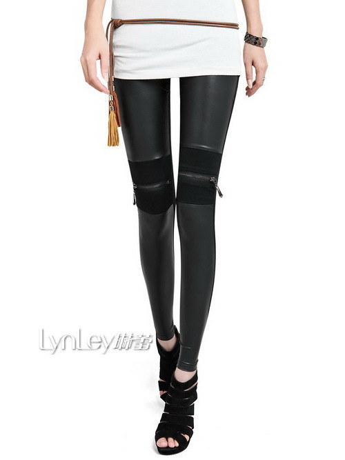 Spring and autumn new arrival cotton cloth patchwork zipper faux leather pants slim legging