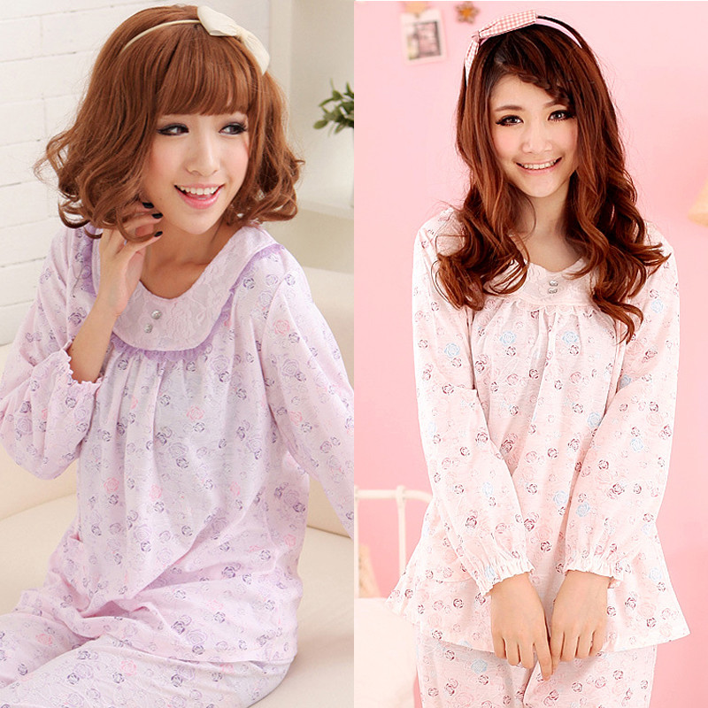 Spring and autumn new arrival women's lace decoration small floral print sleepwear long-sleeve sleepwear lounge