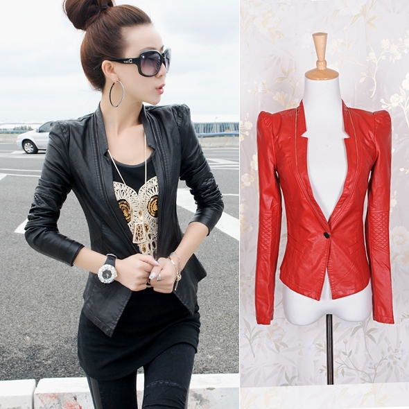 Spring and Autumn new women's three-dimensional shoulder pads Slim was thin washed PU leather jacket female