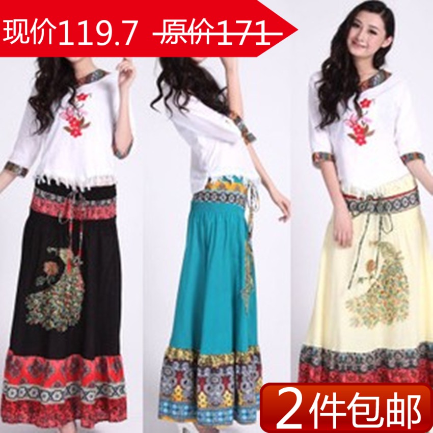 Spring and autumn one-piece dress embroidery peacock women's plus size skirt national trend shirt