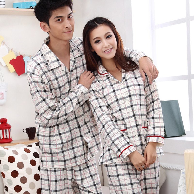 Spring and autumn plaid 100% cotton at home service lovers sleepwear long-sleeve lounge set