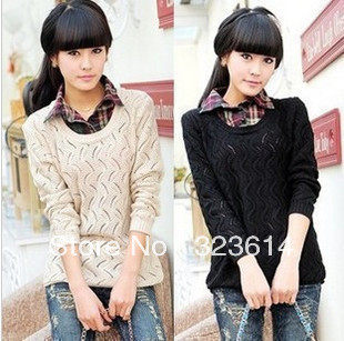 Spring and autumn plaid collar shirt  female faux two piece set casual sweater female Free delivery