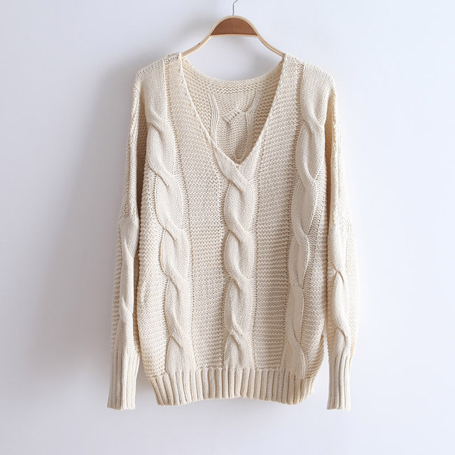 Spring and autumn plus size twisted big V-neck knitted sweater outerwear top