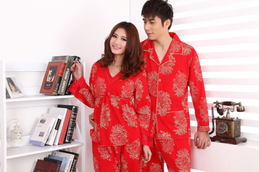 Spring and autumn red lovers set long-sleeve married sleepwear gift men and women sleepwear female ceremonized sleepwear