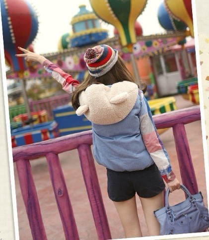 Spring and autumn short design denim blue thickening cotton vest bear berber fleece with a hood vest female