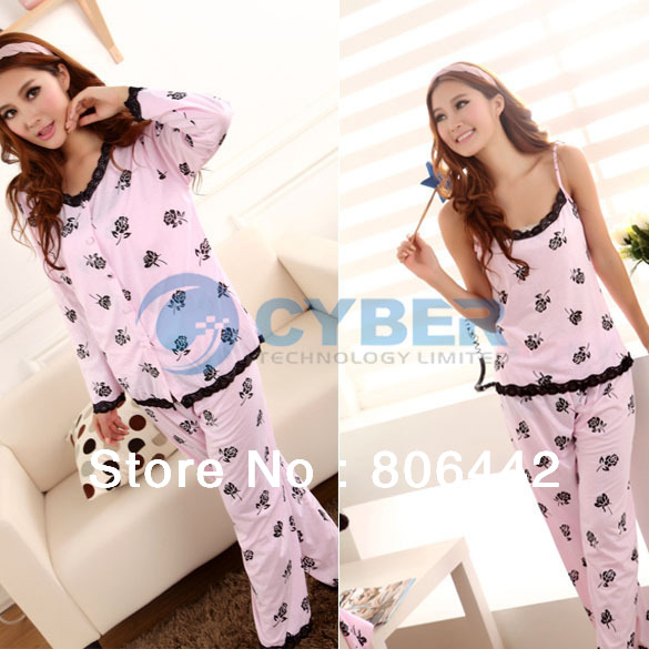 Spring And Autumn Sleepwear Women's Long-Sleeve Rose 3 Pieces Pajamas Set Sleepwear Sexy Princess 3 Sizes Free Shipping 11098