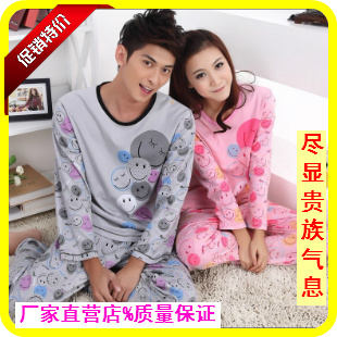 Spring and autumn smiley lovers sleepwear female 100% cotton long short-sleeve cartoon lounge male set