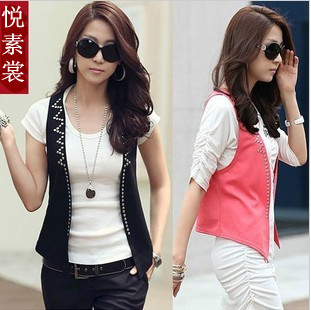 Spring and autumn solid color cotton sleeveless rivet symmetrical fashionable casual top outerwear vest plus size clothing