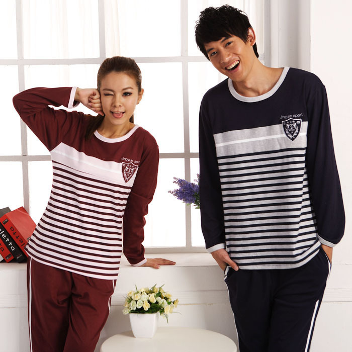 Spring and autumn stripe lovers sleepwear female cotton long-sleeve lounge male sleep set male