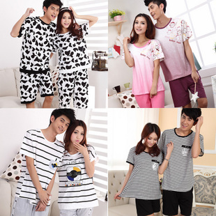 Spring and autumn summer cow lovers 100% cotton sleepwear male women's stripe long-sleeve sleep set lounge