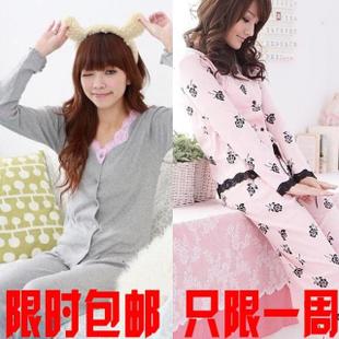 Spring and autumn summer spaghetti strap piece set sexy sleepwear female 100% cotton long-sleeve lounge set